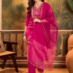 Sangria Floral Yoke Design V-Neck Sequinned Straight Kurta With Trousers & Dupatta-picture-17