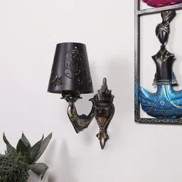 Devansh Gold Toned & Black Textured Antique Wall Lamp With Etching Lamp Shade-image-50