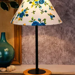 Devansh White & Blue Printed Contemporary Bedside Standard Table Lamp with Shade-35