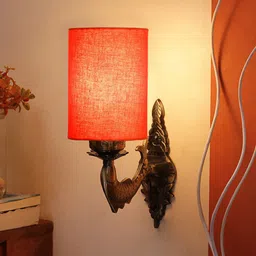 Devansh Antique Orange-Colored & Gold-Toned Wall Lamp With Textured Cotton Conical Shade-2