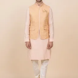 Tasva Mandarin Collar Regular Kurta with Churidar & Woven Design Nehru Jacket-picture-8