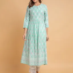 SUTI Floral Printed Pleated Thread Work Kurta with Trousers-5