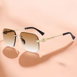 FUNGLASSES Unisex Brown Lens & Gold-Toned Rectangle Sunglasses with-0