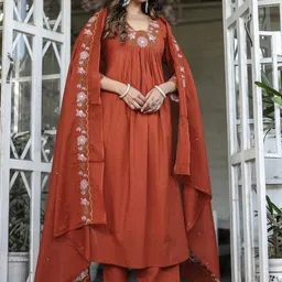 Foxent Women Solid Embroidered Cotton Kurta with Trousers & Dupatta-picture-44