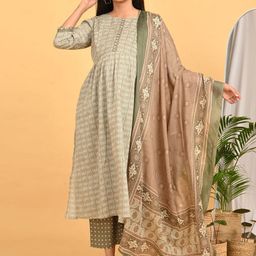 GOLDSTROMS Floral Printed Anarkali Pure Cotton Maternity Kurta With Trousers & Dupatta-image-87