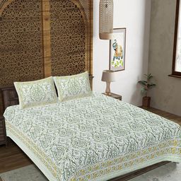 FrionKandy Living Green & Yellow Ethnic Motifs 180 TC King Bedsheet with 2 Pillow Covers-image-27
