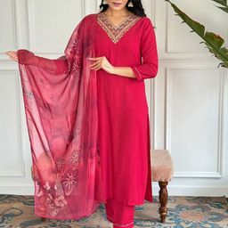 Fashion Care Women Ethnic Motifs Embroidered Regular Thread Work Kurti with Trousers & With Dupatta-image-87