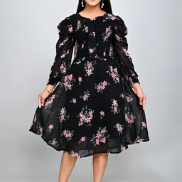 FELLAMO Floral Print Tie-Up Neck Puff Sleeve Georgette Fit & Flare Midi Dress-picture-20