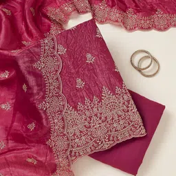 Koskii Floral Embroidered Thread Work Unstitched Embroidered Dress Material-image-99