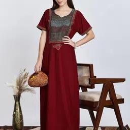 9shines Label Women Bizzy Lizzy Front and Back Emroidered Panel Dual Pockets Nightdress-image-22