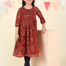 Fabindia Ethnic Motifs Ajrakh Printed Round Neck Pure Cotton Kurta With Churidar-image-7