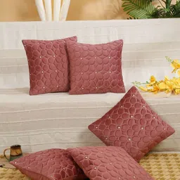 SOKNACK 5 Pieces Peach Self Design Velvet Square Cushion Covers-picture-7