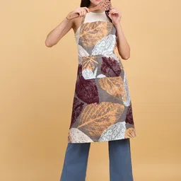 Arrabi Brown & Grey Leaf Printed Cotton Aprons With 2 Patch Pockets image 5