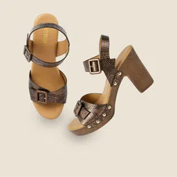 Metro Women Textured Block Sandals with Buckles-picture-36