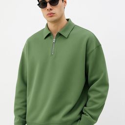 Maniac Mens Plain Polo Neck Full Sleeve Hunter Green Cotton Fleece Sweatshirt-picture-22