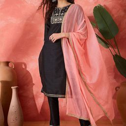 Sangria Floral Embroidered Gotta Patti Straight Kurta with Trouser & Dupatta-picture-31