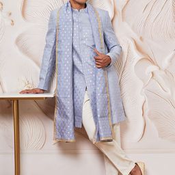 VASTRAMAY Men Self-Design Mandarin Collar Sherwani Set With Dupatta-13