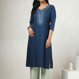 Soch Floral Yoke Design V-Neck Mirror Work Straight Kurta-image-32