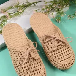 Monoction Women Textured Round Toe Laser Cuts Rubber Open Toe Flats-image-78