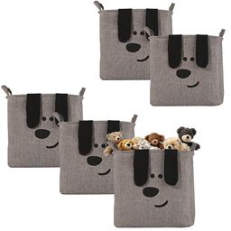 Aura Pack Of 5 Grey Printed Cotton & Linen Toys Storage Basket With Handle-52
