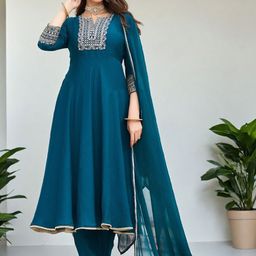 SZN Floral Yoke Design Empire Thread Work Anarkali Kurta With Trouser & Dupatta-image-42