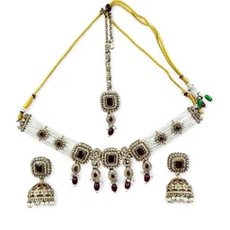 ANTIQUE JEWELLERY Copper Plated Kundan Pearl Beaded & Stone Studded Choker with Jhumka Earrings & Maang Tikka-picture-36