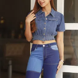 THE BOOZY BUTTON High School Love Puffed Sleeves Smocked Crop Denim Shirt With Trousers-image-29