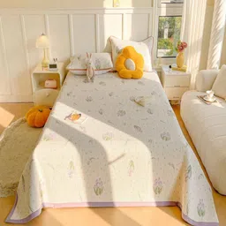 JC HOME Cream-Color & Violet Printed Double Bed Cover With Pillow Covers image 2