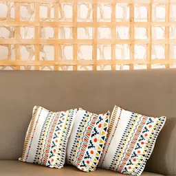 URBAN SPACE Orange & White 3 Pieces Geometric Printed Cotton Square Cushion Covers-16