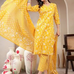 Moda Rapido Women Floral Printed V-Neck Pure Cotton Kurta with Trousers & Dupatta-picture-47