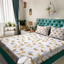 Myntra Elegant Homes Cream-Coloured & Mustard Floral 400 TC King Bedsheet with 2 Pillow Covers-image-35