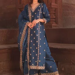 Royal Export Floral Embroidered Sequinned Straight Kurta with Palazzos & Dupatta-picture-39