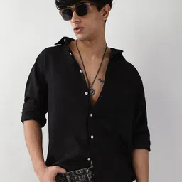 Urbano Fashion Men Black Solid Linen Full Sleeve Relaxed Fit Casual Shirt-image-24