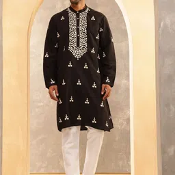 Anouk Geometric Embroidered Thread Work Cotton Silk StraightKurta with Pyjamas-image-95