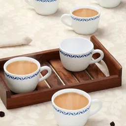 Larah by BOROSIL White & Blue 6 Pieces Printed Opalware Glossy Cups - 140 ml Each-54