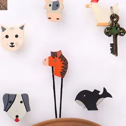 Indianshelf 6-Pcs Beige & Red Wooden Animals ShapedWallHooks-3