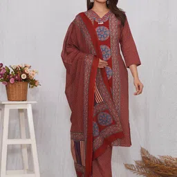 SARAI CREATIONS Women Ethnic Motifs Printed Pure Cotton Kurta with Trousers & Dupatta-picture-6
