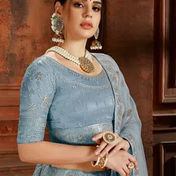 ODETTE Floral Embroidered Thread Work Soft Net Semi-Stitched Lehenga & Blouse With Dupatta image 2