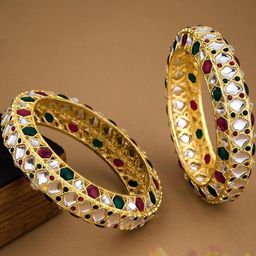 Anouk Set of 2 Gold Plated & Multicoloured Polki Kundan Stone Studded Textured Bangles-15