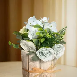 Myntra Elegant Homes White & Green Artificial Plant with Wood Pot-picture-6