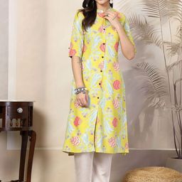Stylum Yellow Floral Printed Mandarin Collar Roll-Up Sleeves A-Line Kurta-image-46