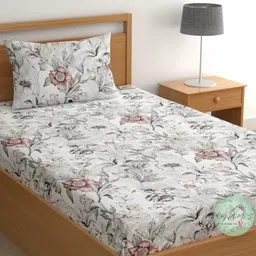 CG HOMES Grey & Coral Floral 180 TC Cotton Single Bedsheet with 1 Pillow Covers-picture-11