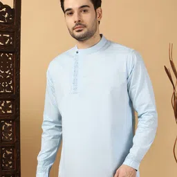 Kuons Avenue Thread Work Band Collar Angrakha Cotton Twill Weave Straight Kurta-picture-11