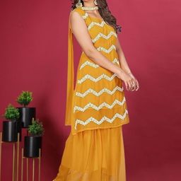PARROT CREATION Embroidered Straight Sequinned Kurti With Sharara And Dupatta image 3