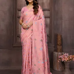 KALINI Women Pink Linen Blend Floral Woven Design Woven Saree with Blouse Piece-image-88