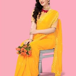KALINI Floral Embroidered Mirror Work Pure Georgette Saree-image-69
