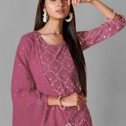 PARROT CREATION Geometric Embroidered Georgette Straight Kurta With Sharara & Dupatta image 2