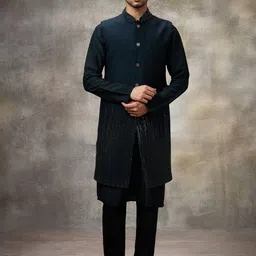 Rivaar By Rocky Star Mandarin Collar Sequinned Kurta With Pyjamas And Nehru jacket-image-65