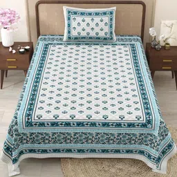 Shubastik Blue Floral 210 TC Single Bedsheet with 1 Pillow Covers-image-64
