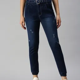 SHOWOFF Women Navy Blue Jogger High-Rise Low Distress Light Fade Cuffed Hem Stretchable Jeans-image-80